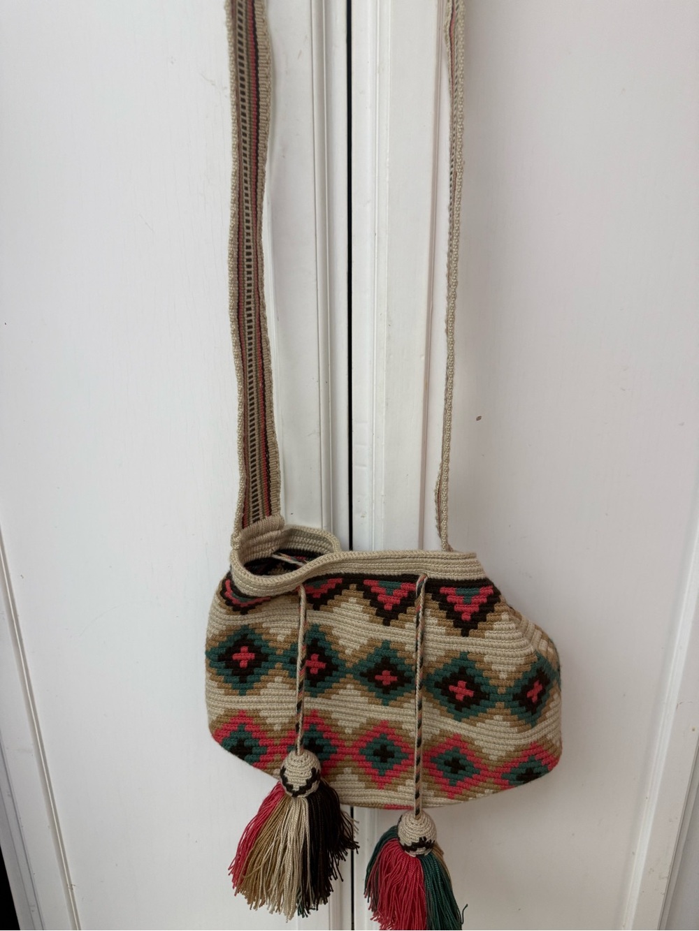 Boho Woven Crossbody Bag in Beige with Multicolor Pattern